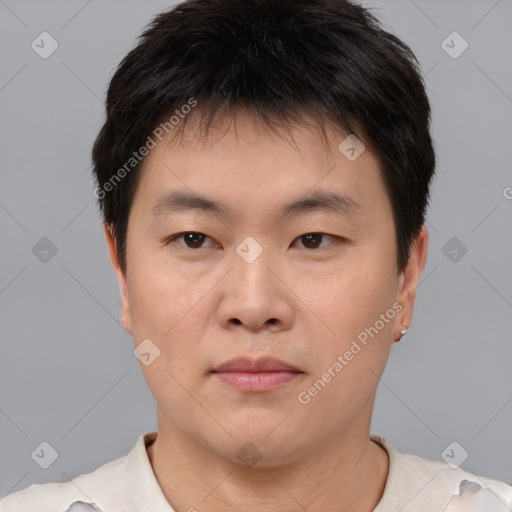 Neutral asian young-adult male with short  brown hair and brown eyes