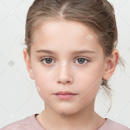 Neutral white child female with medium  brown hair and grey eyes