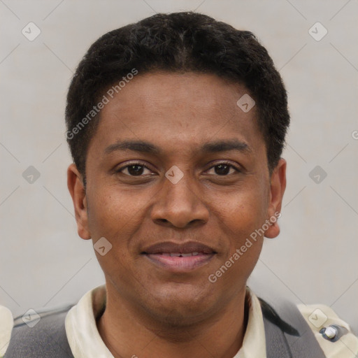 Joyful latino young-adult male with short  brown hair and brown eyes