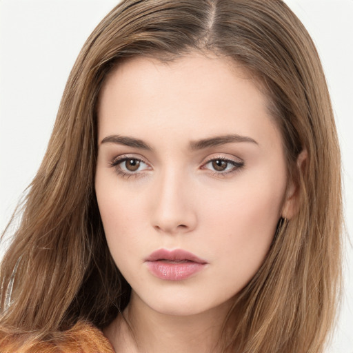 Neutral white young-adult female with long  brown hair and brown eyes