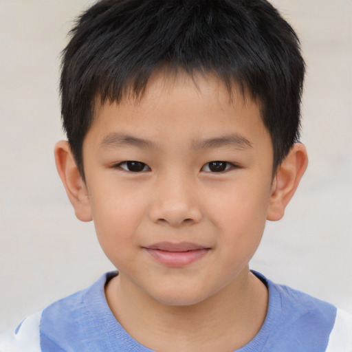 Joyful asian child male with short  brown hair and brown eyes