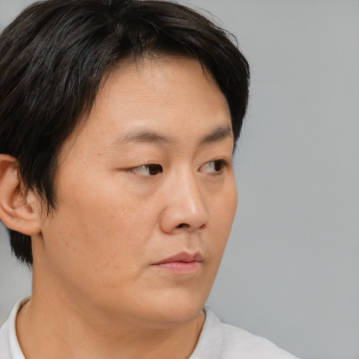 Neutral asian young-adult male with short  brown hair and brown eyes