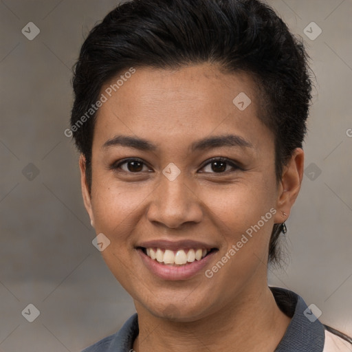 Joyful white young-adult female with short  brown hair and brown eyes