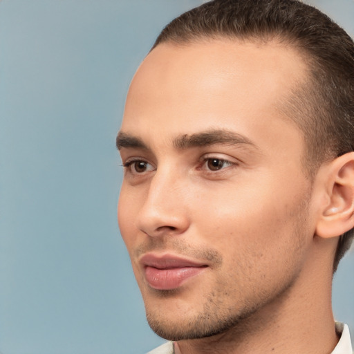 Neutral white young-adult male with short  brown hair and brown eyes