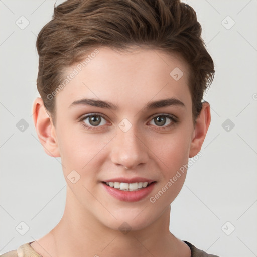 Joyful white young-adult female with short  brown hair and grey eyes