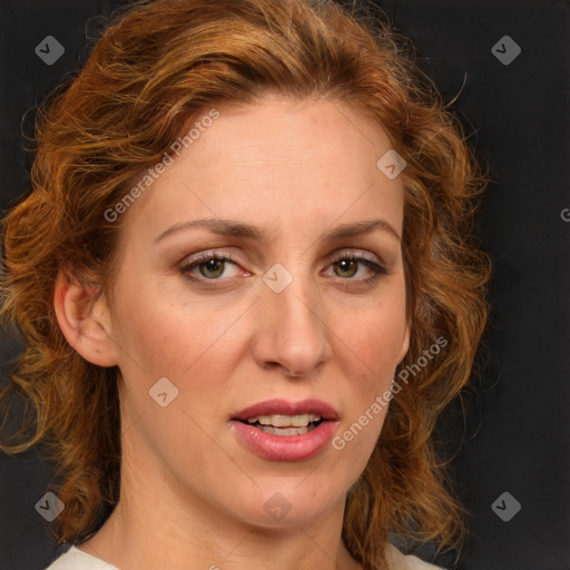 Joyful white adult female with medium  brown hair and green eyes