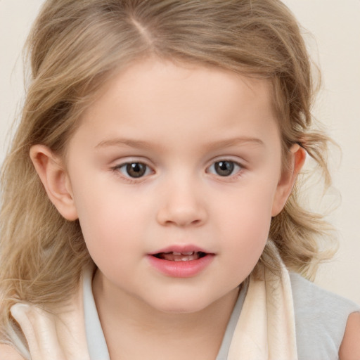 Neutral white child female with medium  brown hair and grey eyes