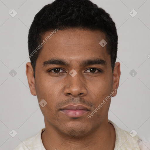 Neutral white young-adult male with short  black hair and brown eyes