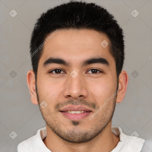 Joyful white young-adult male with short  black hair and brown eyes