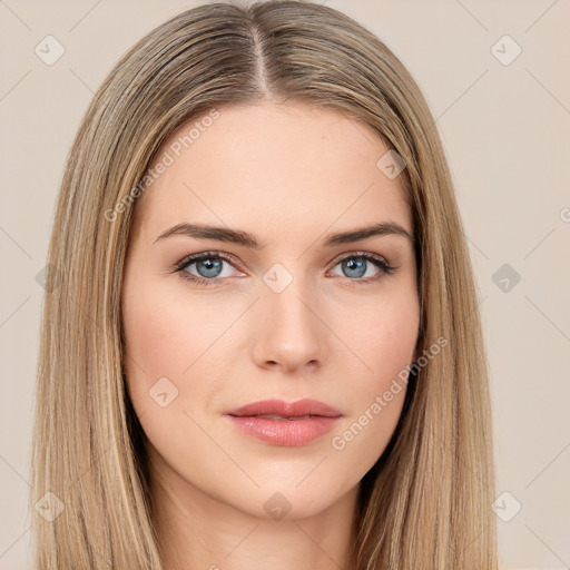 Neutral white young-adult female with long  brown hair and brown eyes