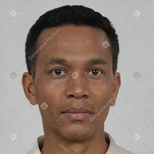Neutral black young-adult male with short  black hair and brown eyes