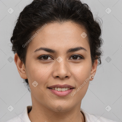 Joyful latino young-adult female with short  brown hair and brown eyes