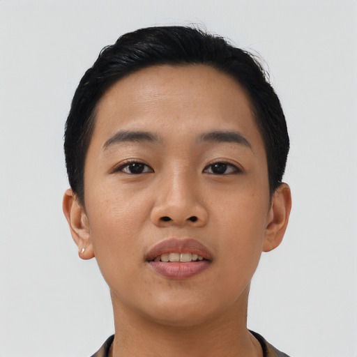 Joyful asian young-adult female with short  black hair and brown eyes