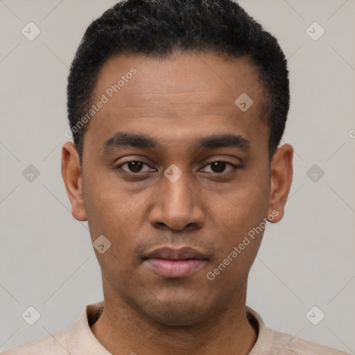 Neutral latino young-adult male with short  black hair and brown eyes