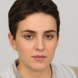 Neutral white young-adult female with short  brown hair and brown eyes