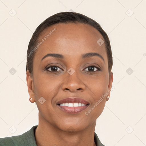 Joyful black young-adult female with short  brown hair and brown eyes