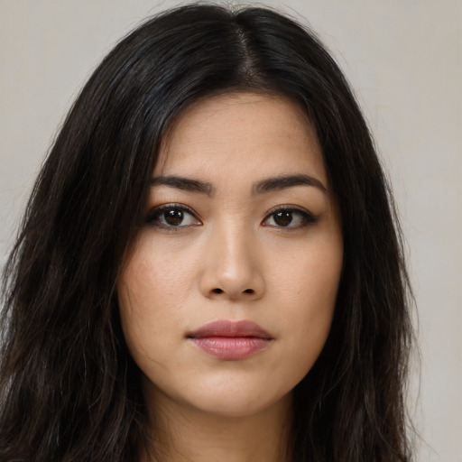 Neutral asian young-adult female with long  brown hair and brown eyes