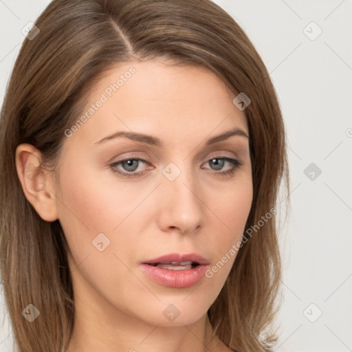 Neutral white young-adult female with long  brown hair and brown eyes