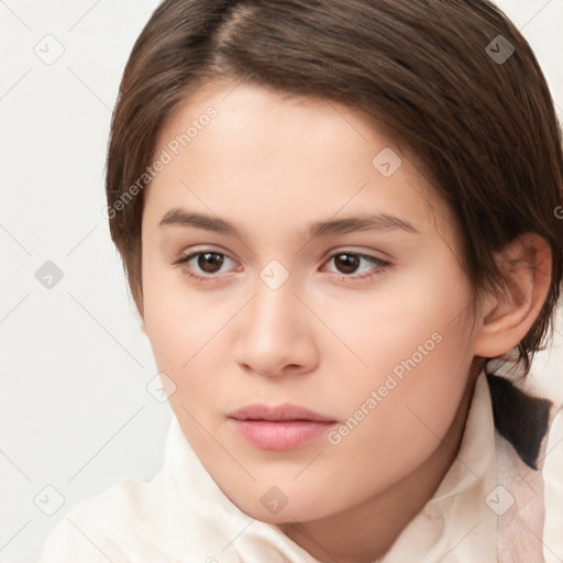 Neutral white young-adult female with medium  brown hair and brown eyes