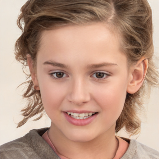 Joyful white child female with medium  brown hair and grey eyes