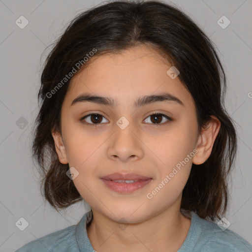 Joyful white child female with medium  brown hair and brown eyes