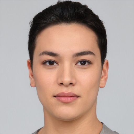 Neutral asian young-adult female with short  black hair and brown eyes