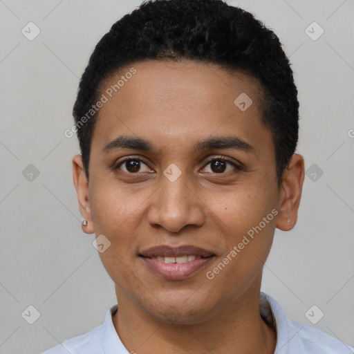 Joyful black young-adult male with short  black hair and brown eyes