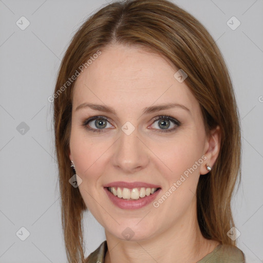 Joyful white young-adult female with medium  brown hair and grey eyes