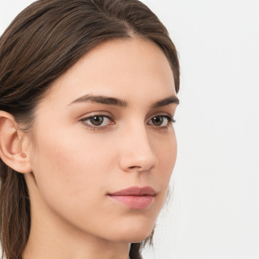 Neutral white young-adult female with long  brown hair and grey eyes