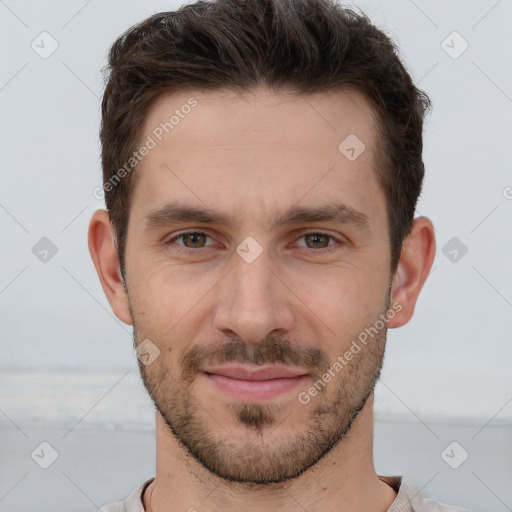 Joyful white young-adult male with short  brown hair and brown eyes