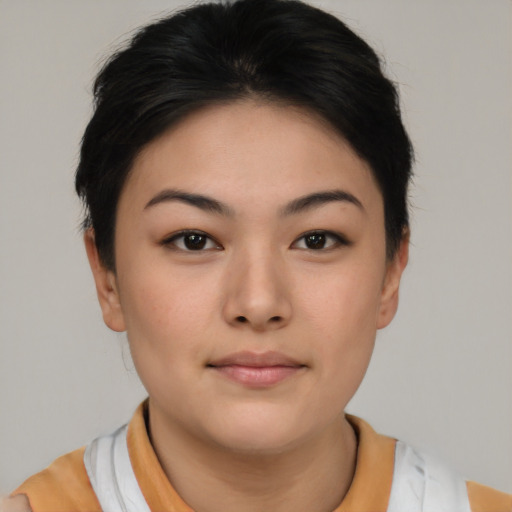Neutral asian young-adult female with short  brown hair and brown eyes