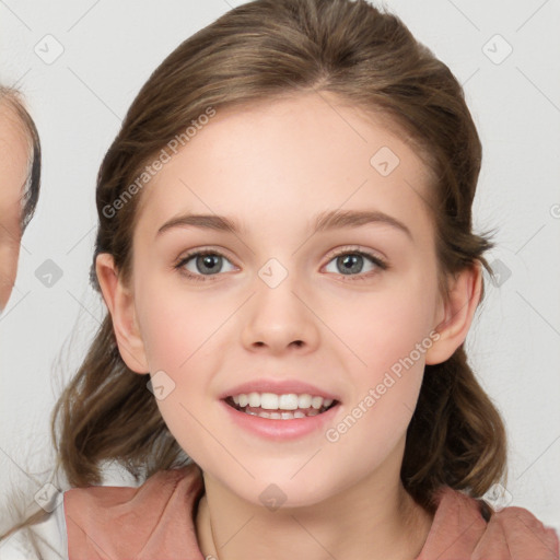 Joyful white child female with medium  brown hair and brown eyes