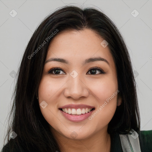 Joyful white young-adult female with long  brown hair and brown eyes