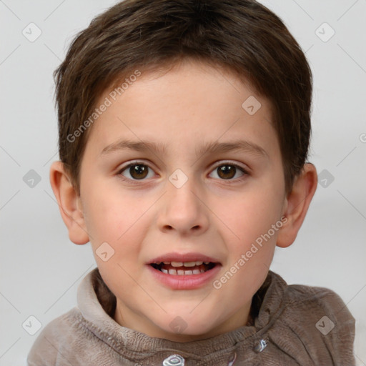 Joyful white child female with short  brown hair and brown eyes