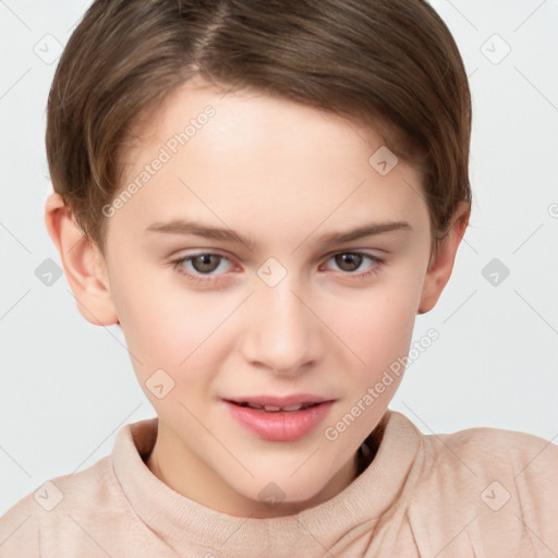 Joyful white child female with short  brown hair and brown eyes