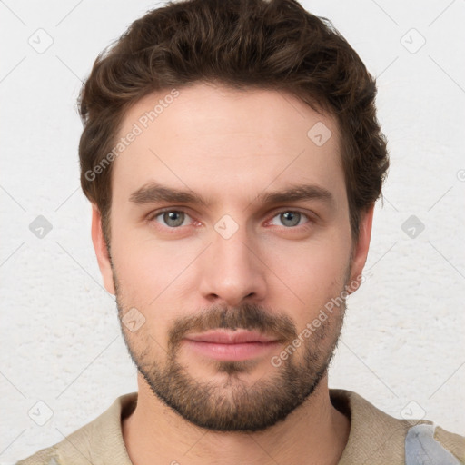 Neutral white young-adult male with short  brown hair and grey eyes