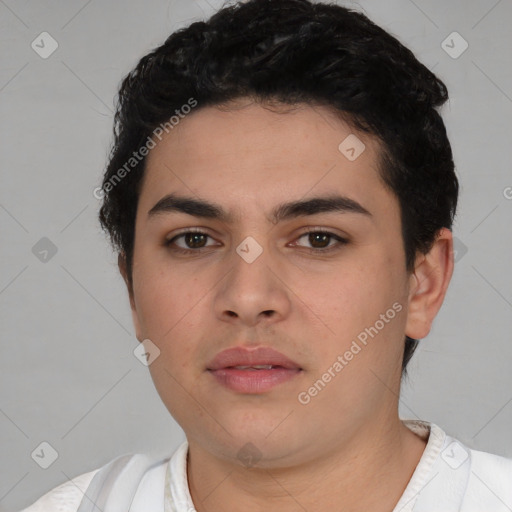 Neutral latino young-adult male with short  black hair and brown eyes