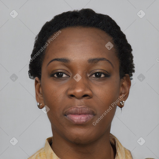 Neutral black young-adult female with short  black hair and brown eyes