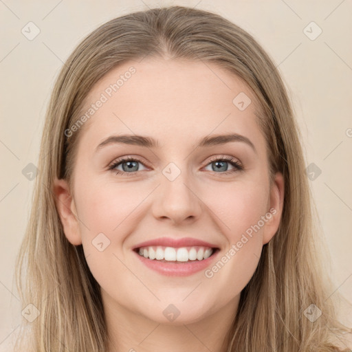 Joyful white young-adult female with long  brown hair and grey eyes