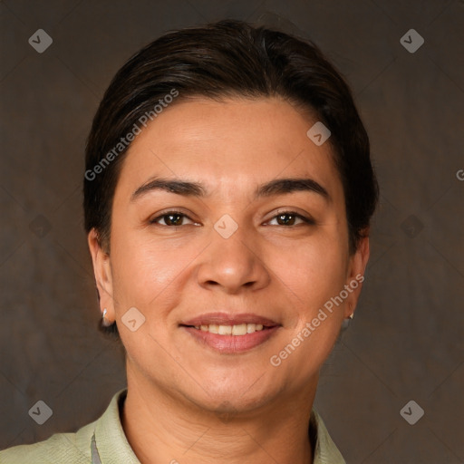 Joyful white young-adult female with medium  brown hair and brown eyes