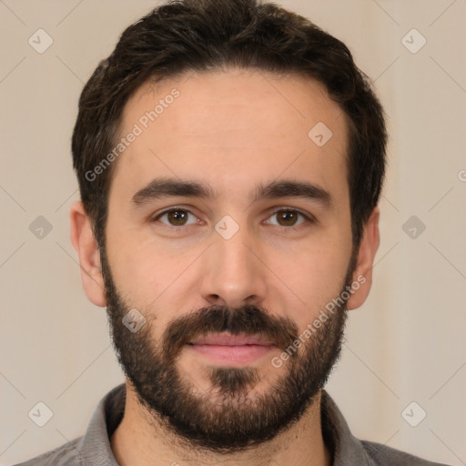 Neutral white young-adult male with short  brown hair and brown eyes