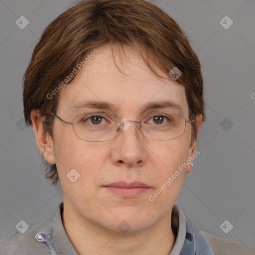 Neutral white adult female with medium  brown hair and brown eyes