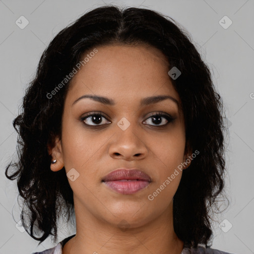 Joyful asian young-adult female with medium  black hair and brown eyes