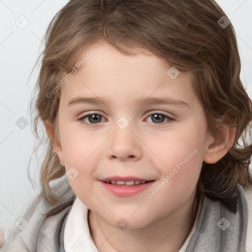 Joyful white child female with medium  brown hair and brown eyes