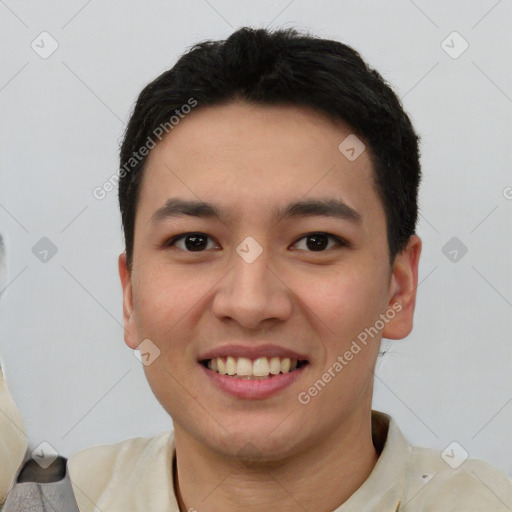 Joyful white young-adult male with short  black hair and brown eyes