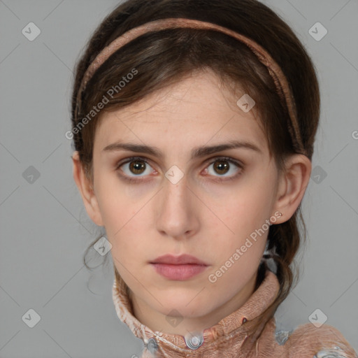 Neutral white young-adult female with medium  brown hair and brown eyes