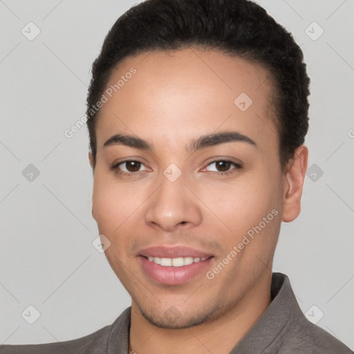 Joyful white young-adult female with short  black hair and brown eyes