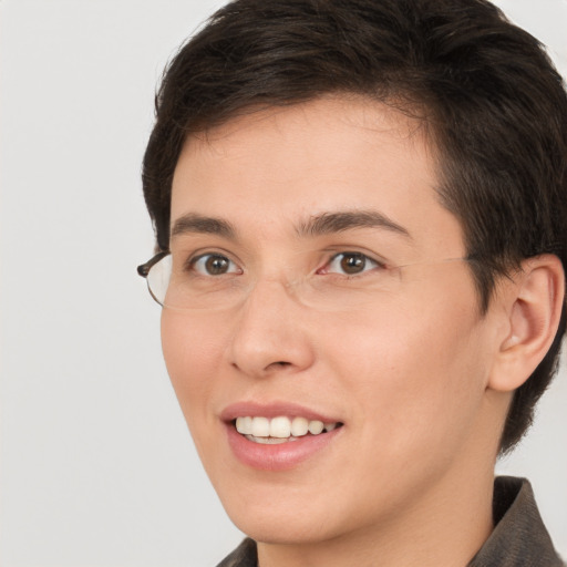 Joyful white young-adult female with short  brown hair and brown eyes