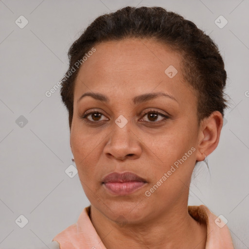 Joyful black adult female with short  brown hair and brown eyes