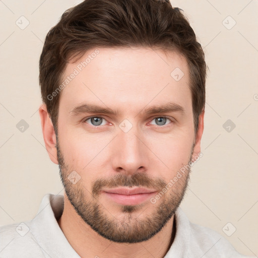 Neutral white young-adult male with short  brown hair and grey eyes